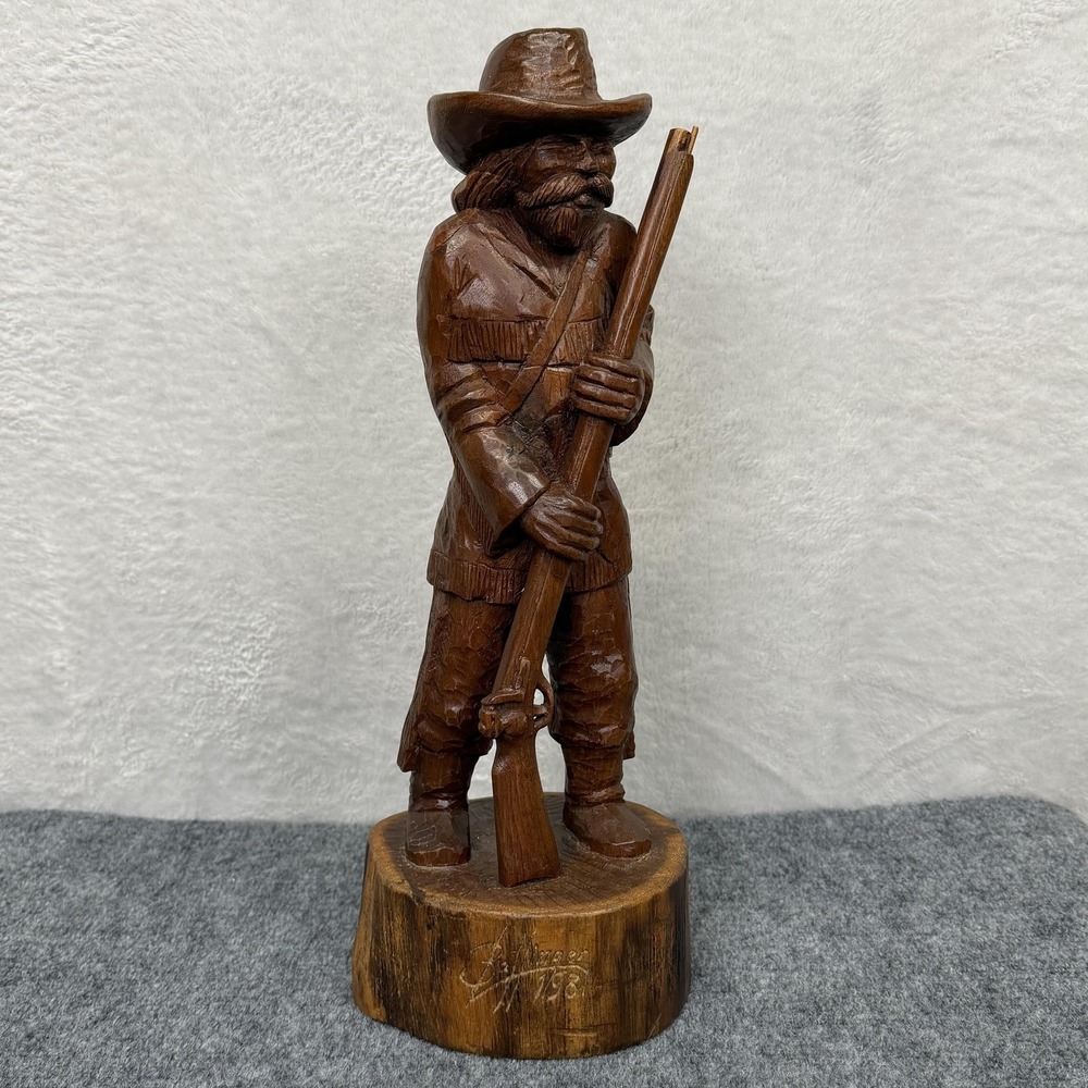 VTG Ballinger Wood Cowboy Frontiersman Statue Sculpture 1981 Signed Carved 17"